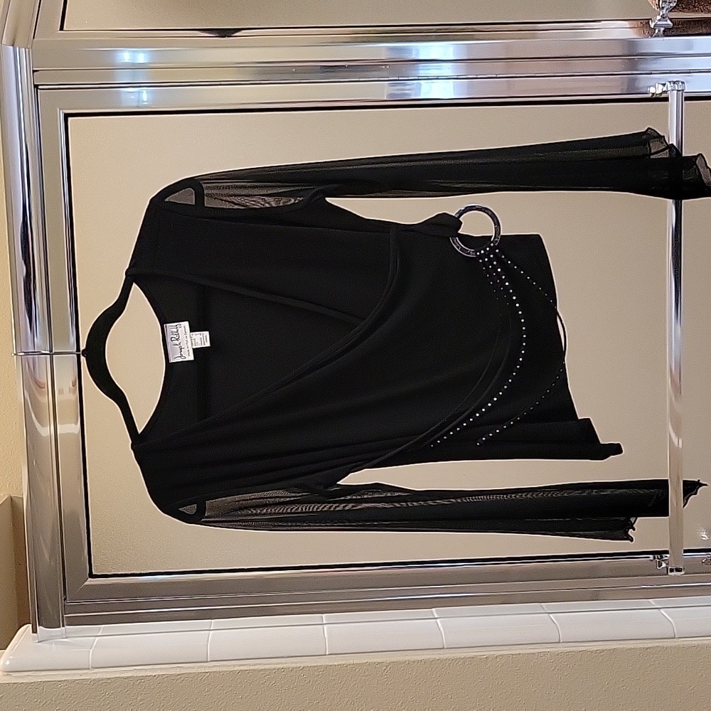 Joseph Ribkoff top, black with long sheer sleeves, decorative tie at waist